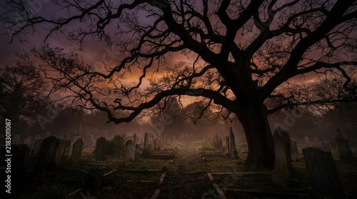 Gnarly old tree in misty graveyard at twilight.