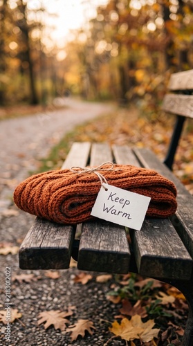Folded orange knitted scarf with a keep warm handwritten tag tied with twine on a wooden park bench in an autumn forest background symbolizing charity and kindness concept