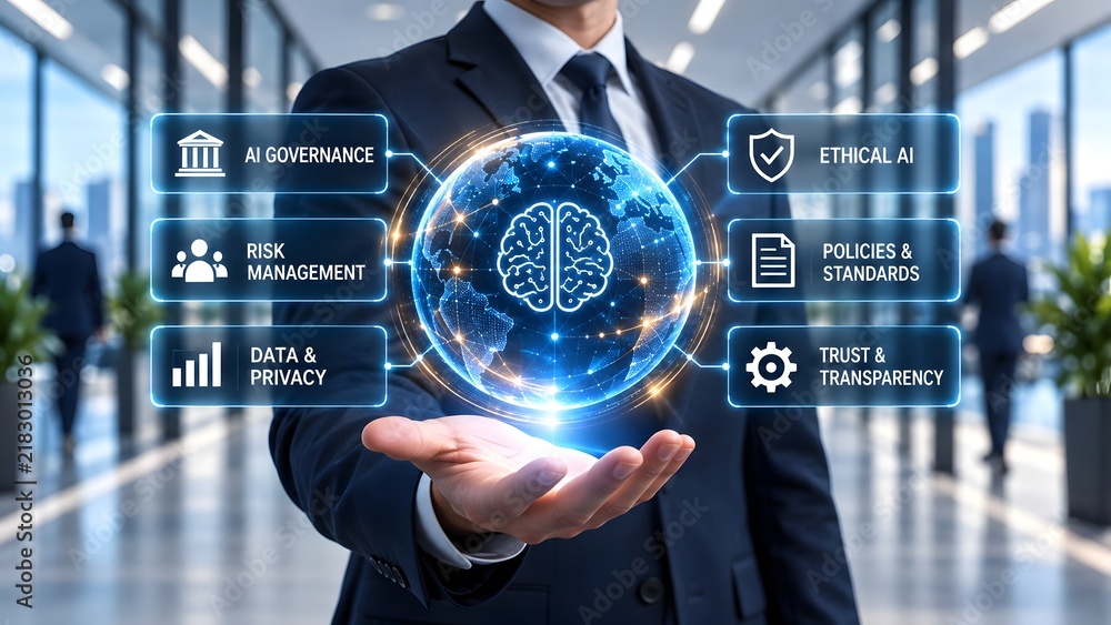 Obraz premium Business leader presenting ai governance framework hologram with risk management ethical standard and data privacy concept