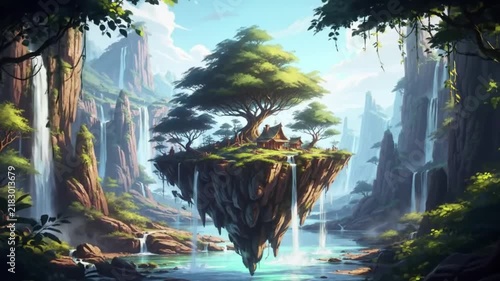 Majestic Floating Island with Waterfalls, Ancient Tree, and Cozy Cottage in a Magical Forest Valley