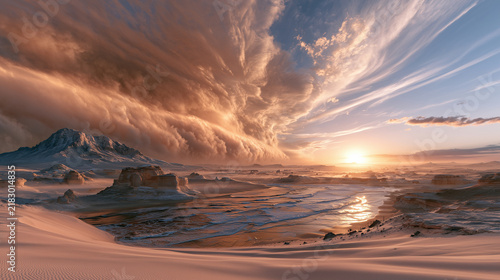 enormous desert sandstorm approaching ancient abandoned ruins, gigantic wall of dust covering the horizon, ancient stone structures partially buried beneath the dunes.