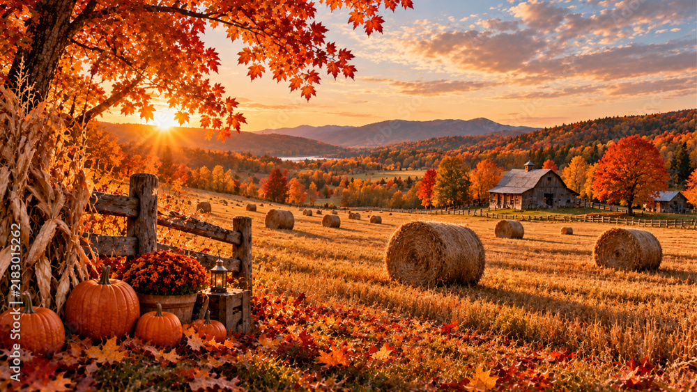 Obraz premium Rural autumn farm landscape with pumpkins hay bales and rustic barn at sunset
