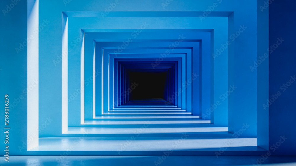 Fototapeta premium Nested Square Tunnel With Gradient Blue Walls Leading To Dark End