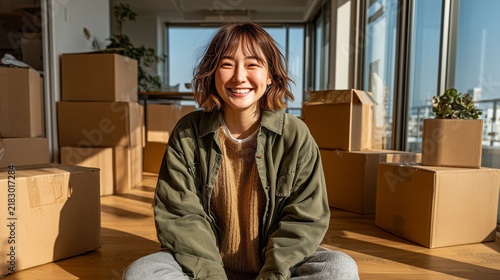 山積みの段ボールに囲まれながら新居で笑顔を見せる一人暮らしの若者 ニューライフスタイル