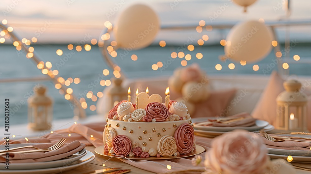 Obraz premium Decorated birthday cake with candles on festive table