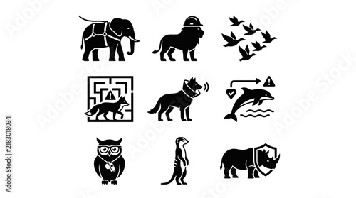 Black silhouettes of various wild animals.