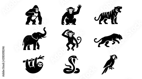 Black silhouettes of various wild animals.