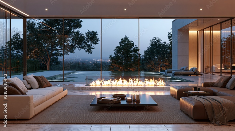 Obraz premium Modern living room with fire pit and pool
