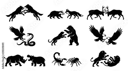 Silhouettes of various wild animals fighting.