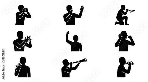 Silhouette of musicians playing trumpets variously.