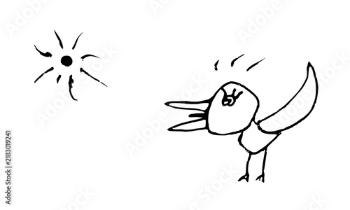 Cuadro en lienzo Monochrome hand drawn line art set of bird squawking and sun