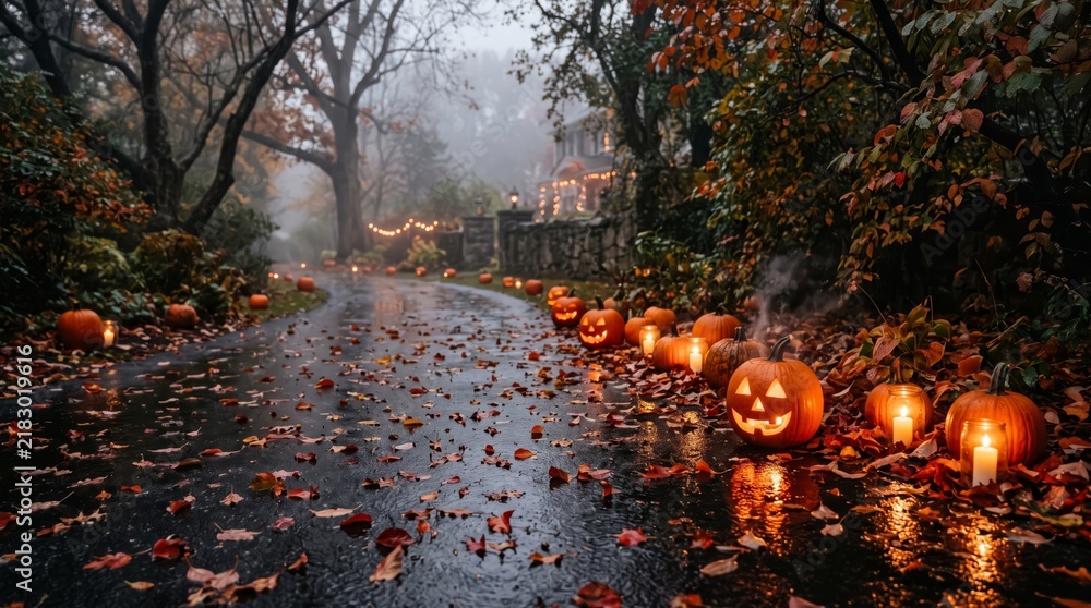 Obraz premium Halloween background featuring a misty road lined with glowing jack-o-lanterns in autumn jack o lantern autumn leaves glowing pump