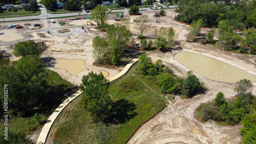 A high angle aerial shot shows Nowicki Park under construction in Rochester Hills, Michigan