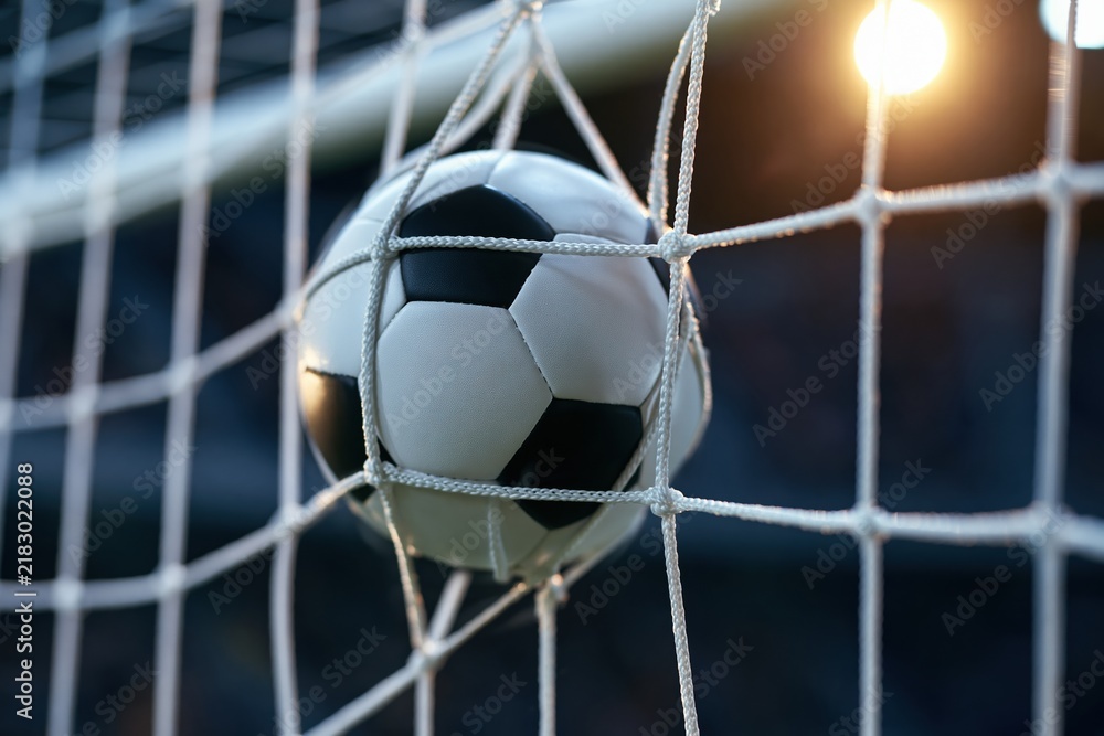 Naklejka premium Soccer ball caught in net after scoring goal