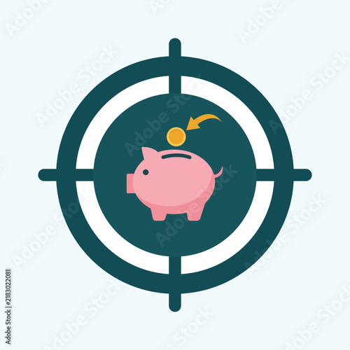 Target savings vector illustration with piggy bank, target icon, arrow, and coin. Concept of financial goal, investment strategy, smart money management, and successful budget planning