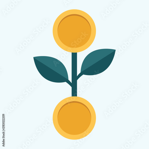 A minimalist flat vector illustration showing two gold coins as flowers growing from a central stem with leaves, symbolizing financial growth, investing, and prosperity. Clean design on a light backgr