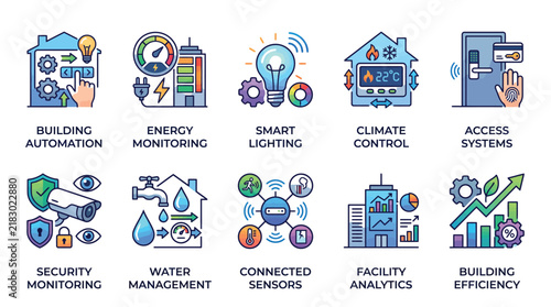 Smart building management system icons set featuring automated technology and modern digital facility control graphic design elements