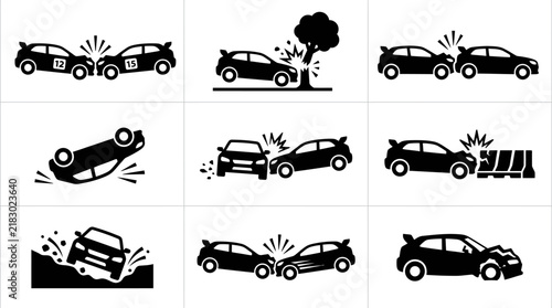 Car Crash Collision Accident Icons Set.