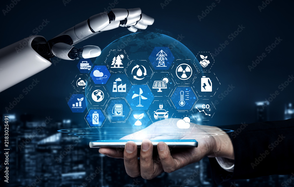 Obraz premium AI powered clean energy solutions optimize resource use, predict demand, and transform sustainable energy systems for a pollution-free future. Entice