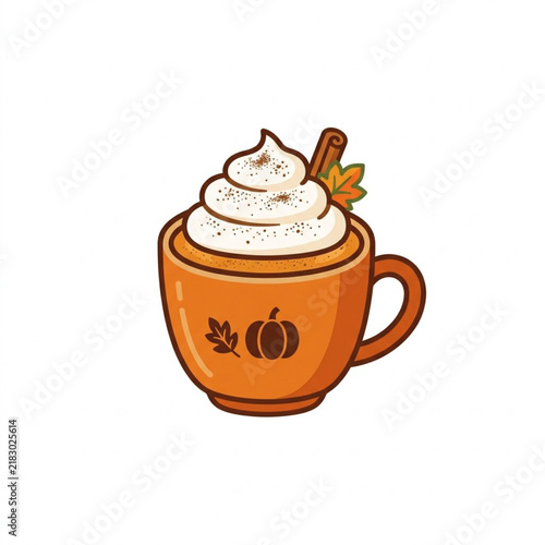 Cozy Autumnal Pumpkin Spice Latte Illustration Featuring Whipped Cream and Cinnamon Stick for Seasonal Fall Beverage Design Projects