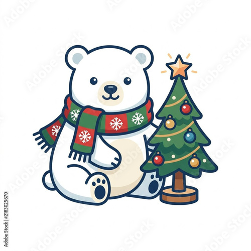 Adorable Polar Bear Wearing A Festive Scarf Standing Next To A Decorated Christmas Tree Illustration For Holiday Seasonal Greeting Designs