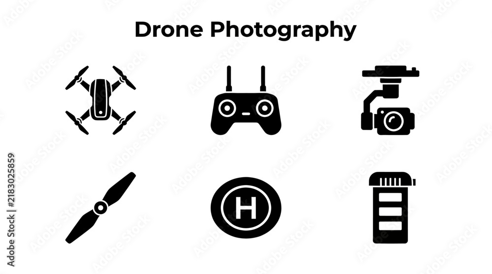 Fototapeta premium Set of black icons representing drone photography equipment