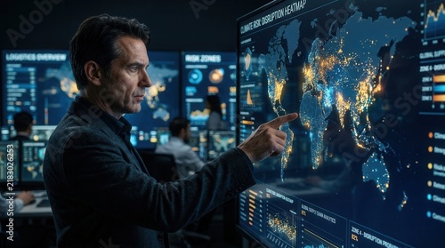 A supply chain manager analyzing urgent data updates and risk assessments for climate risk scenarios on a large display.