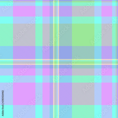 A vibrant, seamless tartan plaid pattern features soft pastel shades of purple, turquoise, and lime. This abstract, nobody background evokes a playful, springlike energy for creative projects.