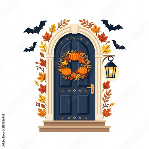 Festive Autumn Entrance Decorated with Seasonal Pumpkin Wreath and Fall Foliage for Halloween Celebration