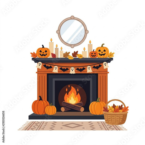 Cozy Autumn Fireplace Decorated with Festive Pumpkins and Halloween Decorations for a Seasonal Home Interior Display