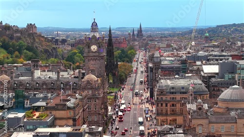 Beautiful Aerial View of The Balmoral and Princes Street in Edinburgh, Scotland