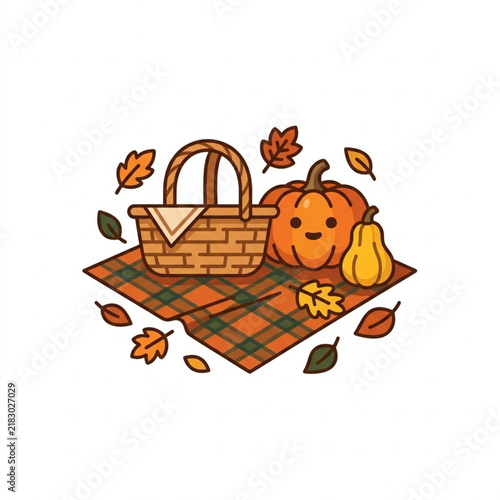 Cute Autumn Picnic Illustration Featuring A Friendly Pumpkin Basket And Fallen Fall Leaves On A Plaid Blanket For Seasonal Harvest Decoration