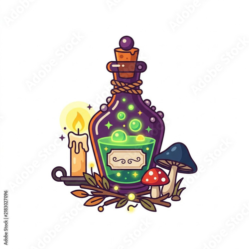 Whimsical Magic Potion Bottle with Glowing Green Elixir Candle and Wild Mushrooms Illustration