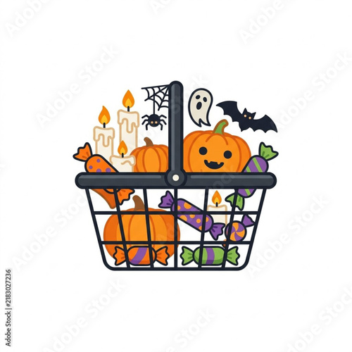 Halloween Shopping Basket Illustration Featuring Jack O Lantern Pumpkins Candies Candles Spider and Ghost Decorative Elements