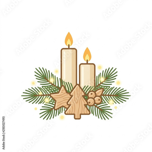 Festive Christmas Centerpiece Featuring Glowing Candles and Seasonal Pine Branches with Wooden Ornament Decorations for Holiday Greeting Designs