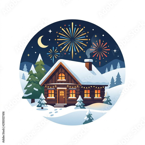 Cozy Winter Cabin Scene Under Fireworks and Crescent Moon for Holiday Celebration Vector Illustration