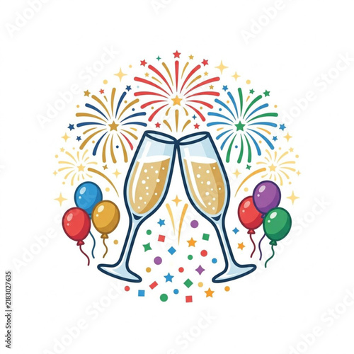 Festive Champagne Toast Illustration With Colorful Fireworks and Balloons Celebrating New Year Eve and Special Party Events