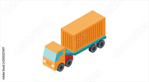 Isometric orange truck with cargo container for logistics.