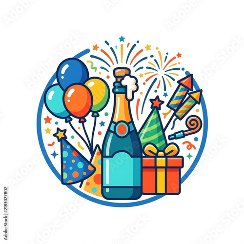 Colorful Festive Celebration Illustration Featuring Champagne Bottle Fireworks Balloons and Party Decorations in a Circular Composition