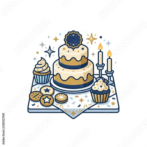 Festive celebration dessert table set featuring a decorated layered cake with cupcakes cookies and glowing candles for special occasion party