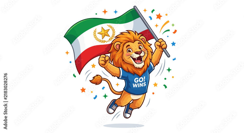 Naklejka premium Cartoon Lion Character Waving Flag, Celebrating Victory