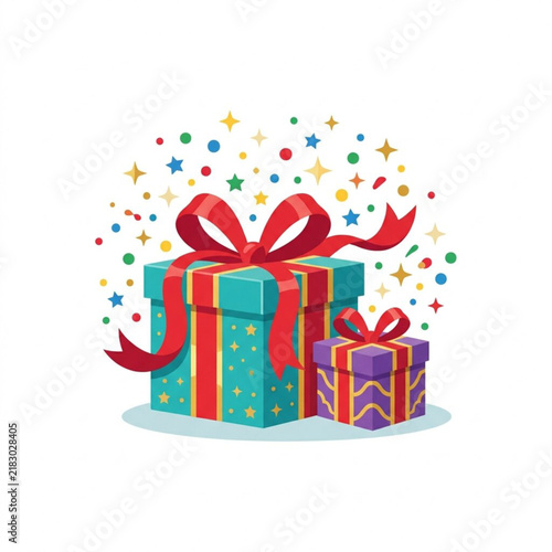 Two festive gift boxes wrapped with elegant ribbons surrounded by colorful confetti and sparkling stars isolated on a clean white background for holiday celebrations