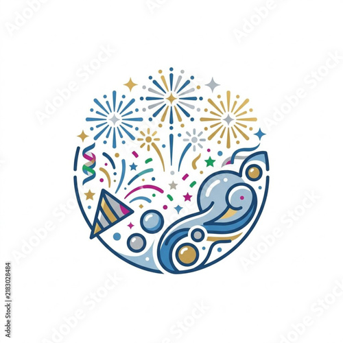 Abstract festive round composition featuring vibrant fireworks celebration elements with decorative party shapes and elegant stylized swirling patterns for holidays