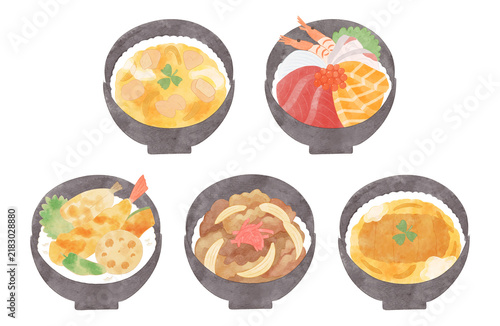 どんぶりのイラストセット　水彩風