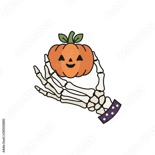Cute Halloween Skeleton Hand Holding A Smiling Jack O Lantern Pumpkin Illustration