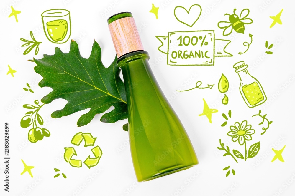 Obraz premium A green glass bottle with a wooden cap rests beside an oak leaf on a white background, surrounded by hand drawn organic and eco themed doodles.