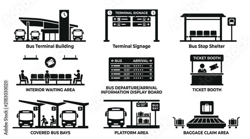 Bus Terminal Building Structures Icons.