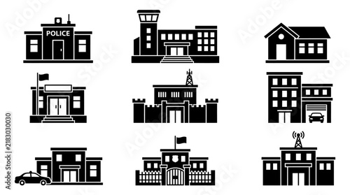 Police station building icon set.