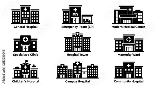 Black and white hospital building icons.