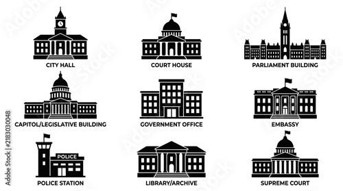 Government buildings icons set.